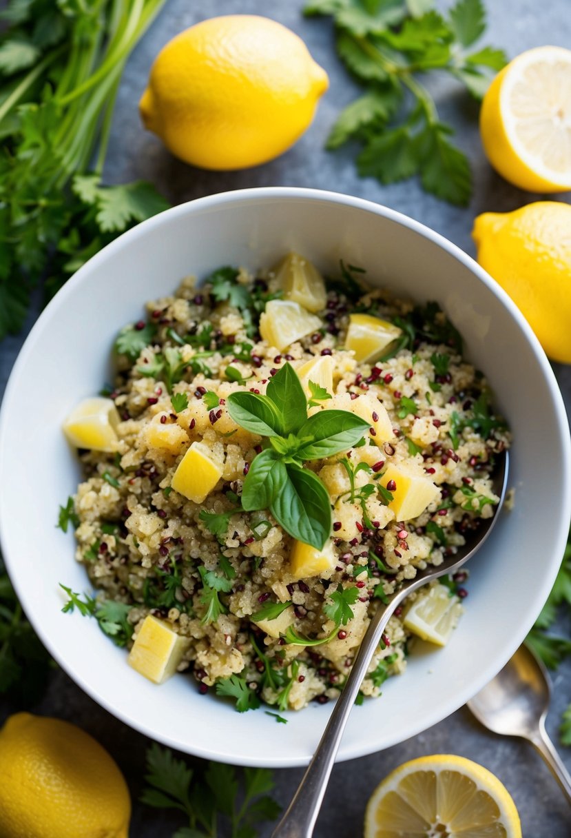 A bowl of lemon herb quinoa salad surrounded by fresh ingredients and herbs