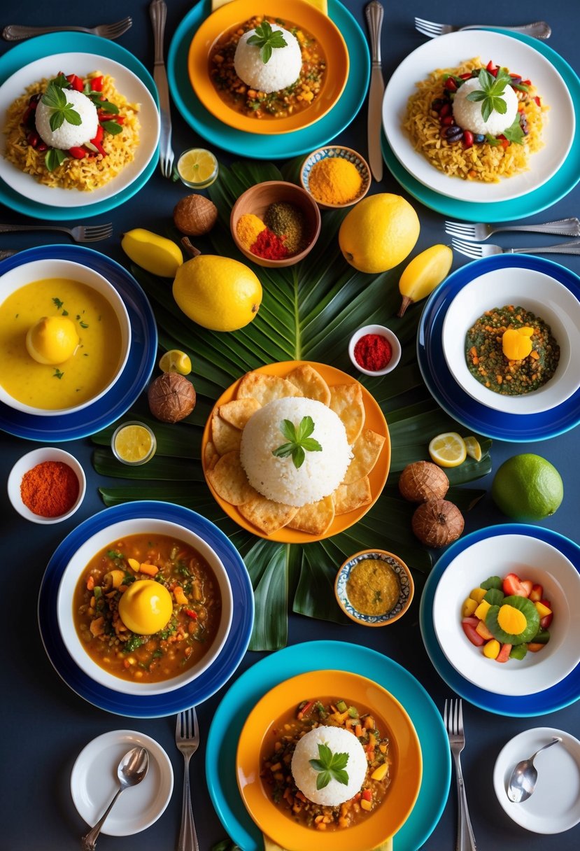 A table set with a colorful array of Mauritian dishes, including Bol Renversé, surrounded by tropical fruits and vibrant spices