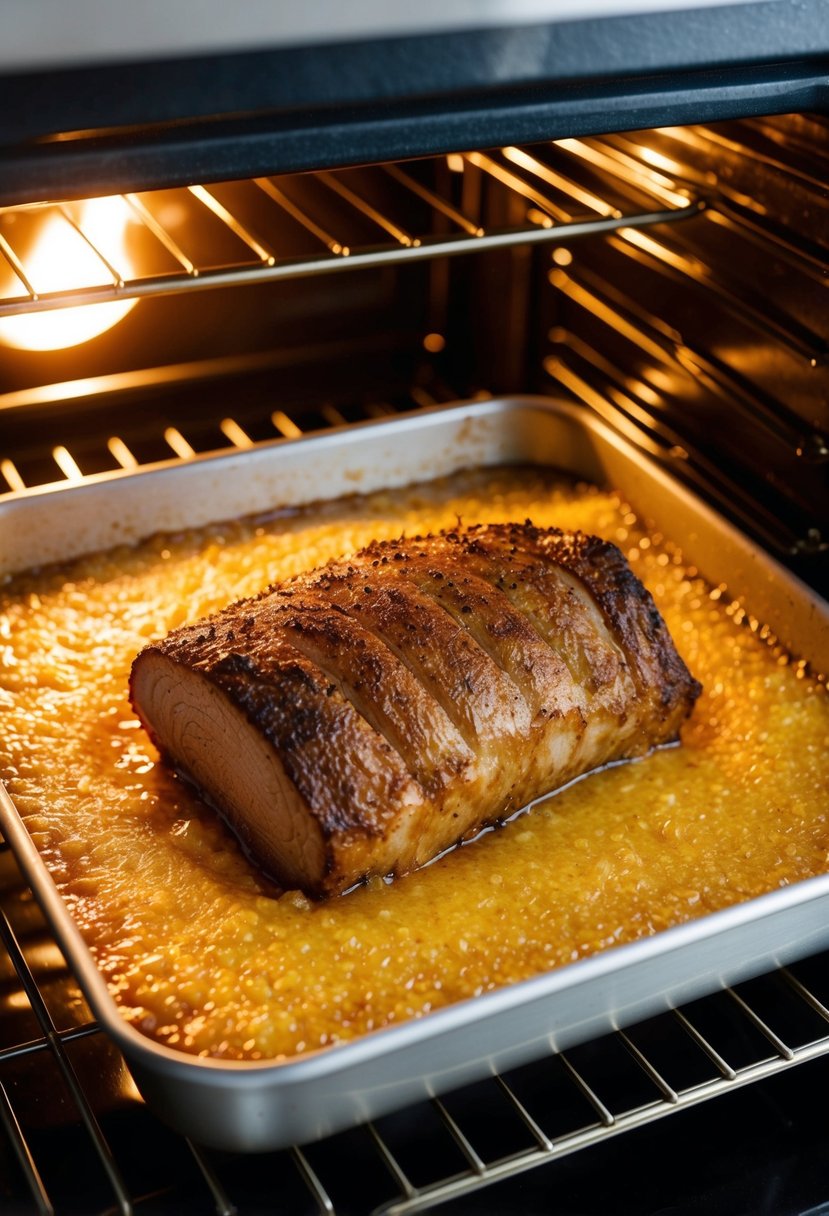 A golden-brown brisket sizzling in a bubbling pan inside a hot oven