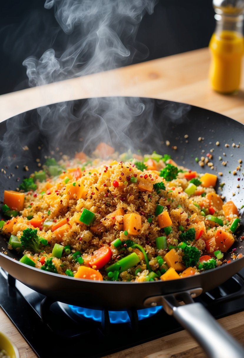 A steaming wok sizzles with colorful quinoa, mixed with vibrant vegetables and aromatic spices, creating a tantalizing stir-fry dish