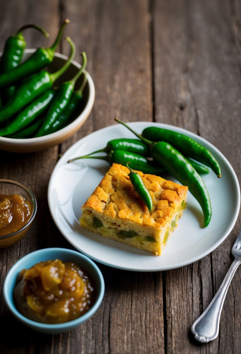 A plate of Gateau Piment, a popular Mauritian snack, sits on a rustic wooden table alongside a pile of fresh green chilies and a bowl of tangy tamarind chutney