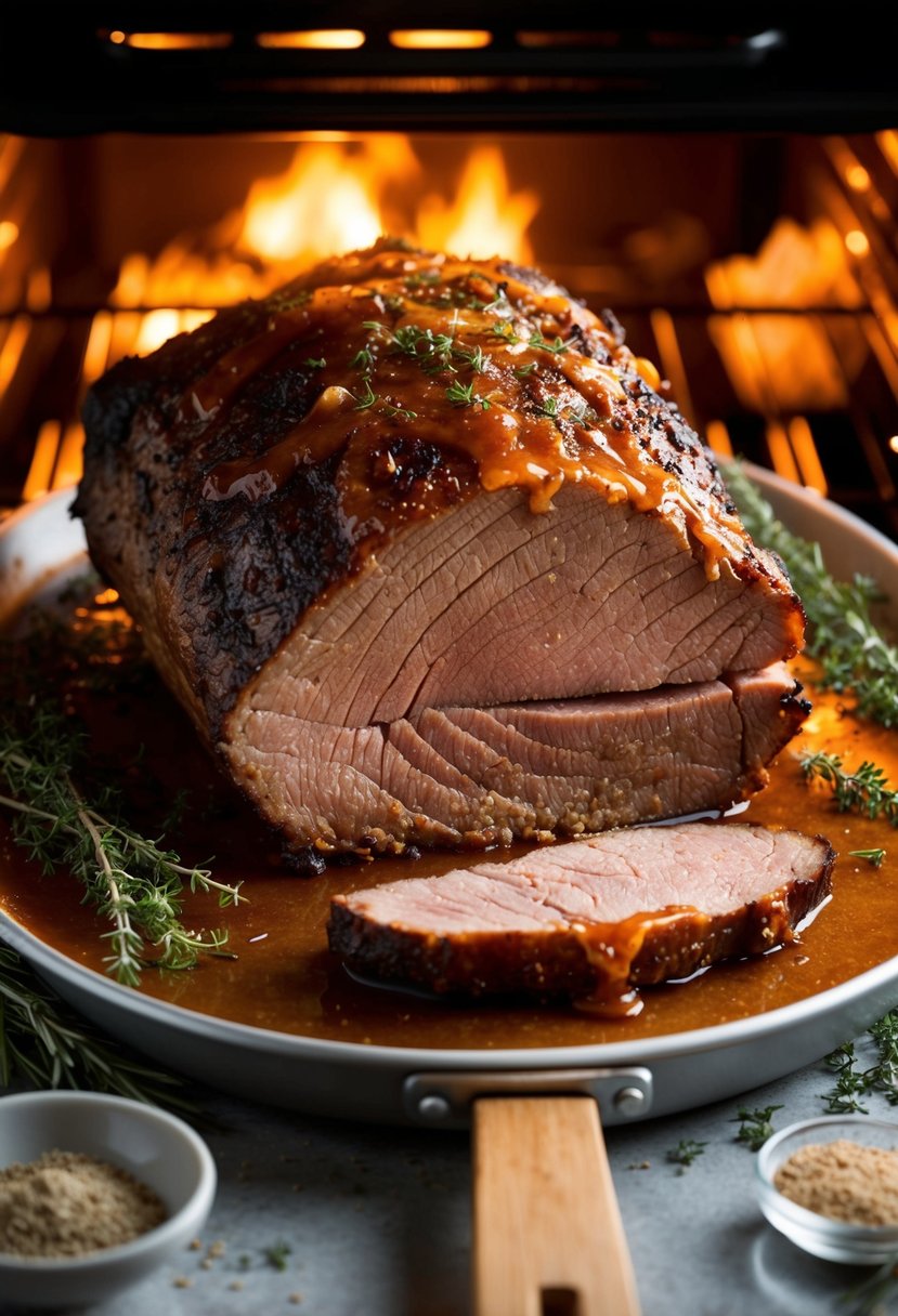 A juicy beef brisket roasting in the oven, glazed with maple bourbon sauce, surrounded by herbs and spices