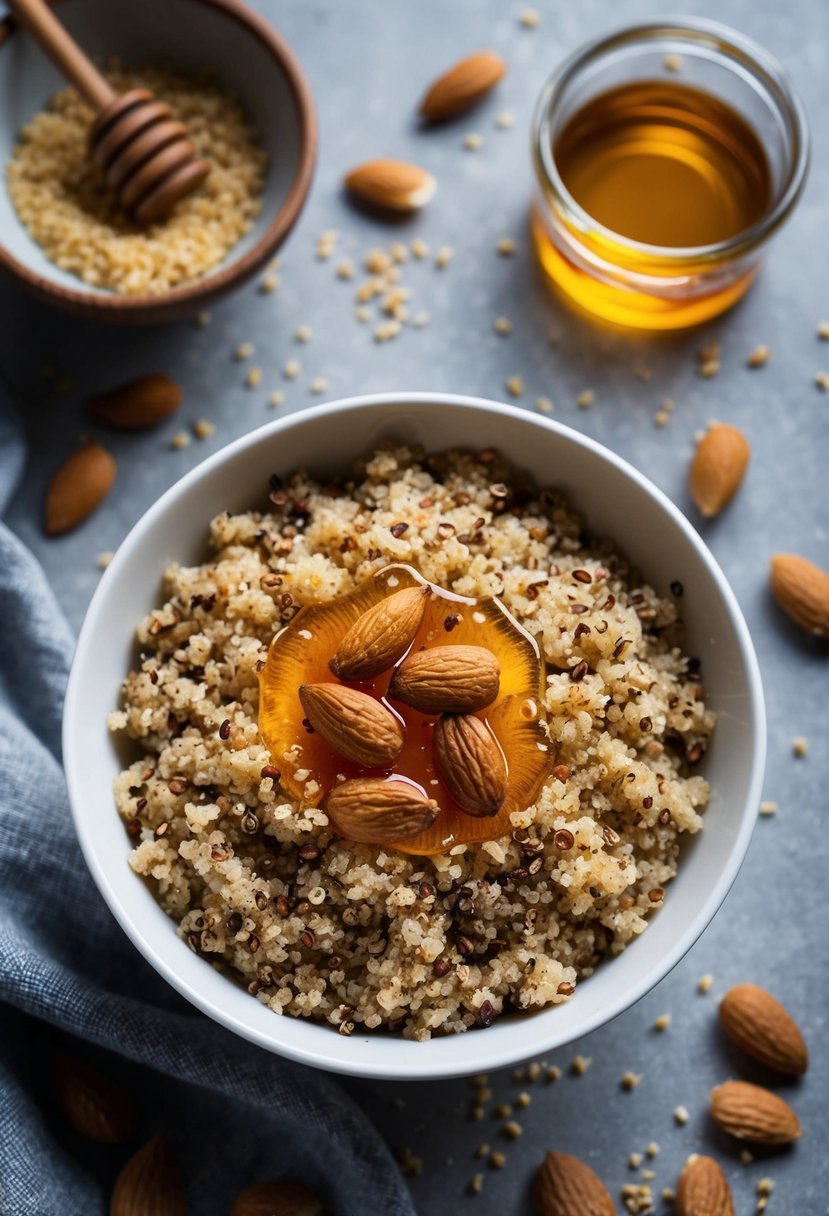 A bowl of quinoa topped with honey and almonds, surrounded by scattered ingredients