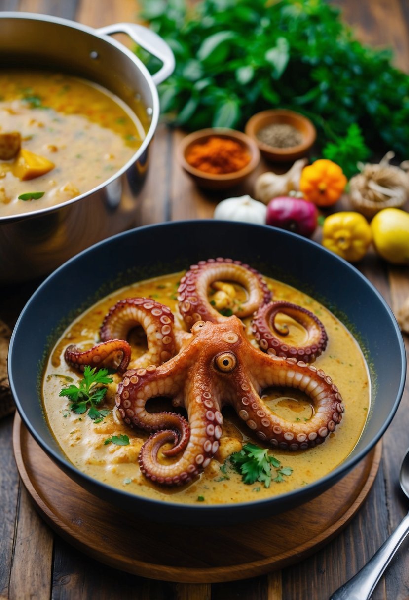 An octopus simmering in a fragrant curry sauce alongside vibrant Mauritian spices and herbs