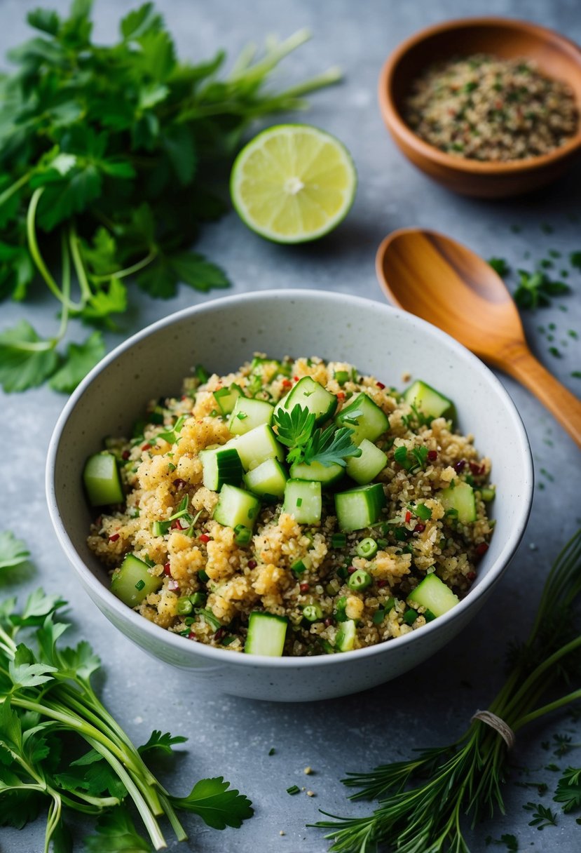 A bowl of quinoa tabbouleh with diced cucumber, surrounded by fresh herbs and ingredients