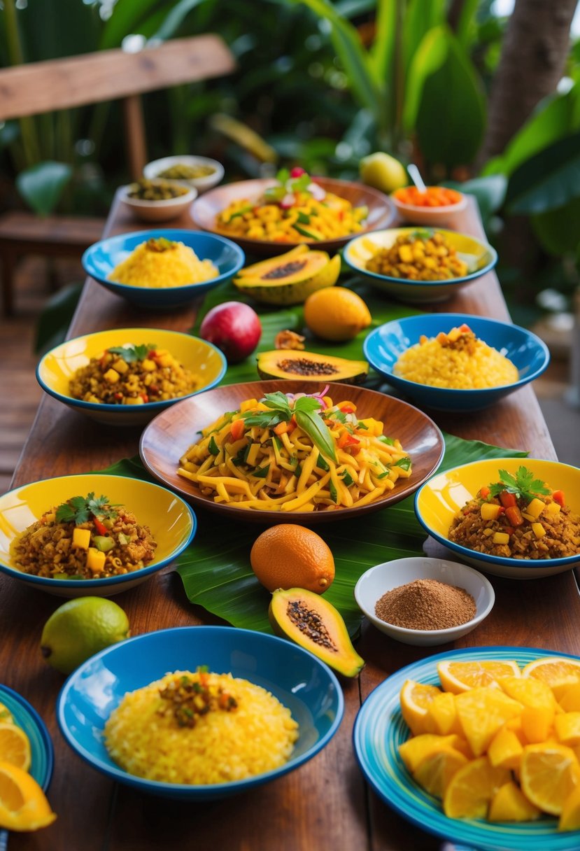 A wooden table with a spread of colorful Mauritian dishes, including Mine Frite, surrounded by tropical fruits and spices