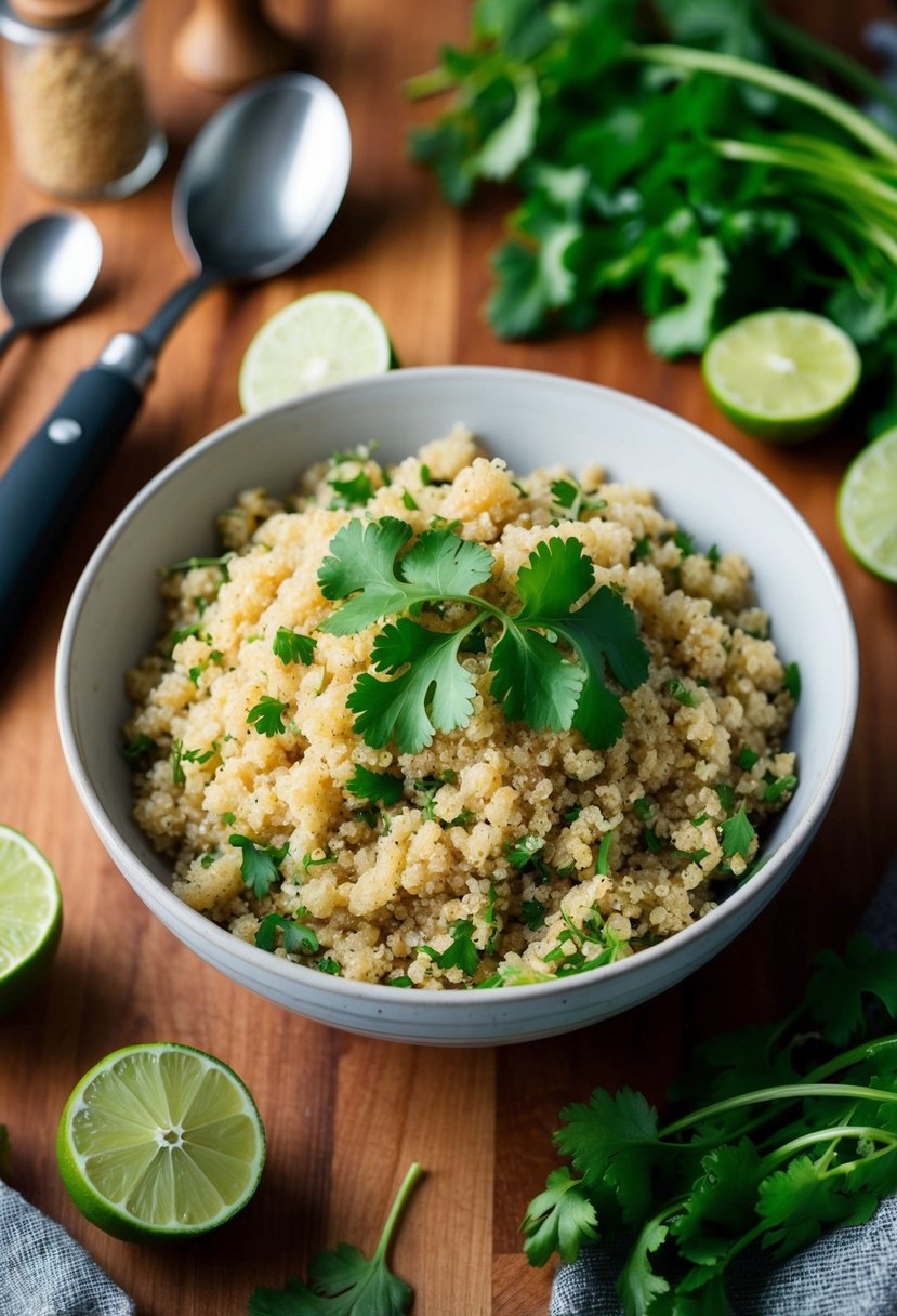 A bowl of tangy quinoa with lime and cilantro, surrounded by fresh ingredients and cooking utensils on a wooden kitchen counter