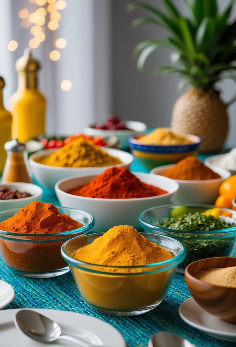 A table set with colorful ingredients and spices for making Camaron Mauritian recipes