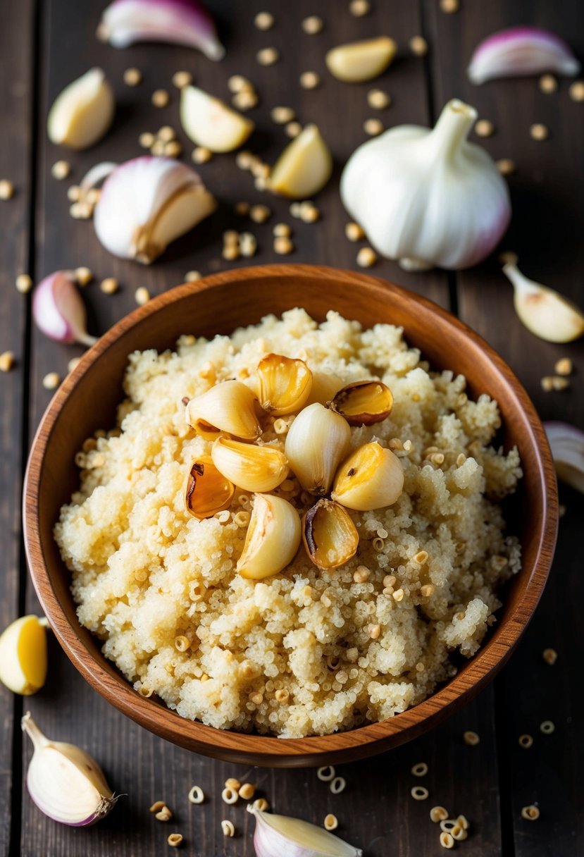 A wooden bowl filled with fluffy quinoa, topped with roasted garlic and onion, surrounded by scattered garlic cloves and onion slices