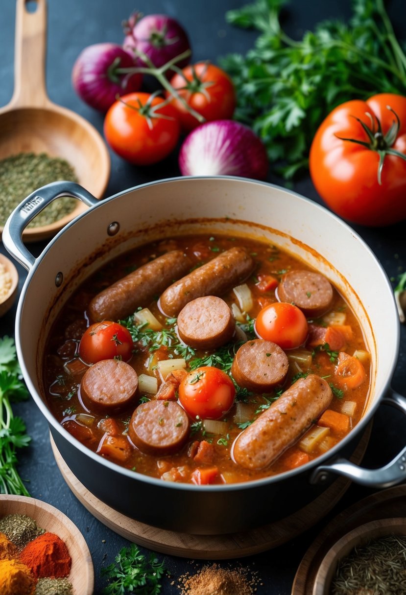 A simmering pot of rougaille saucisse with tomatoes, onions, and sausages, surrounded by vibrant spices and herbs