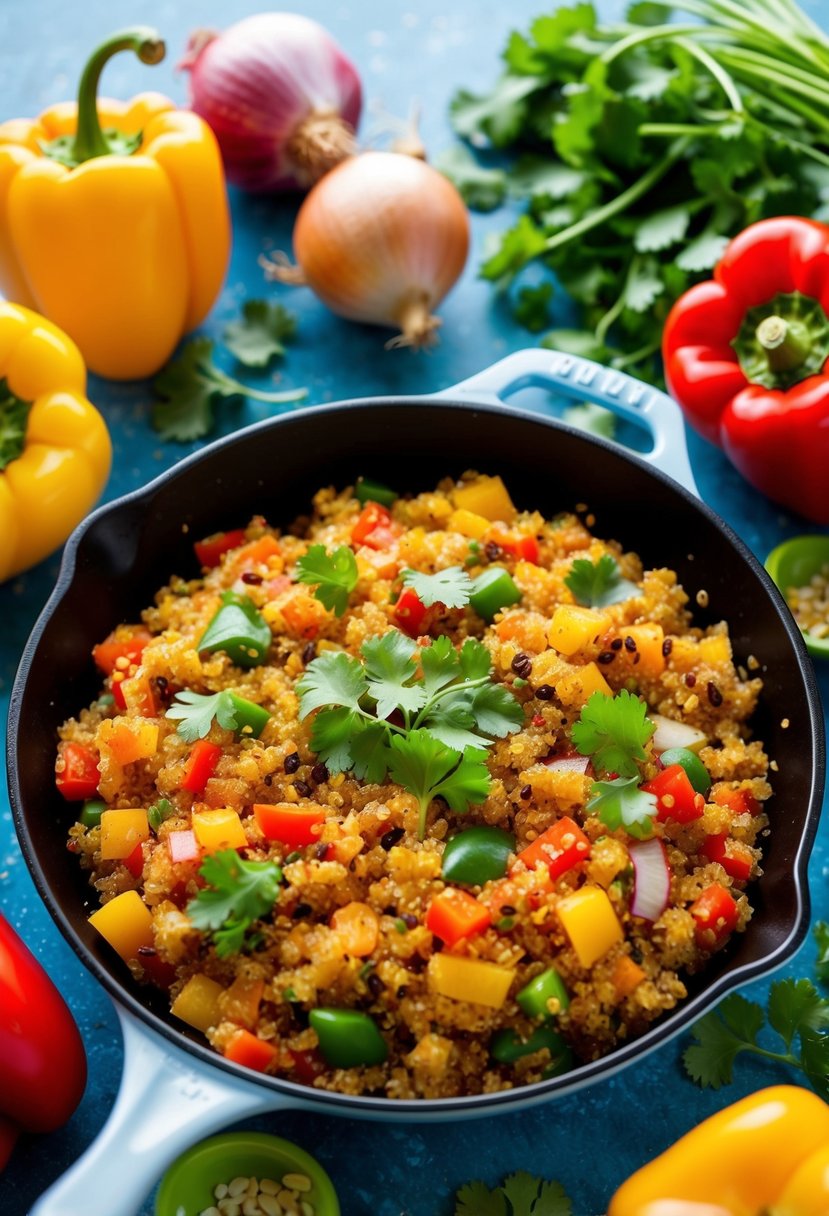 A colorful skillet filled with sweet chili quinoa, surrounded by vibrant ingredients like bell peppers, onions, and cilantro