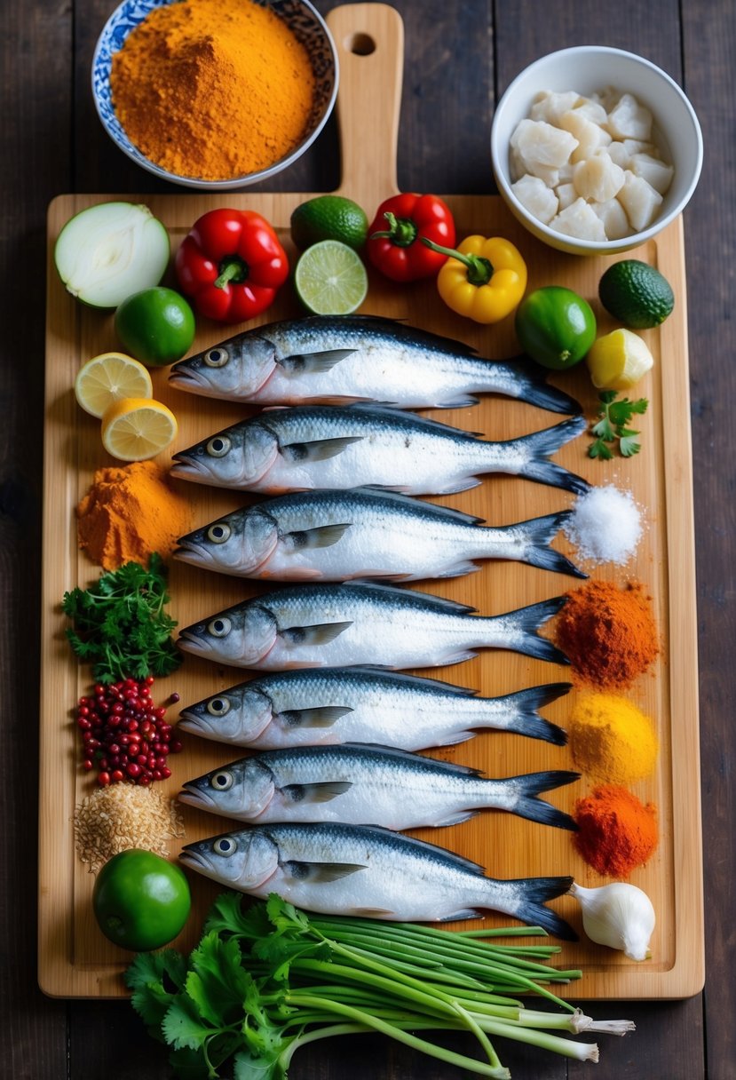 A colorful array of spices, vegetables, and freshly caught fish laid out on a wooden cutting board, ready to be prepared for a traditional Mauritian Fish Vindaye recipe