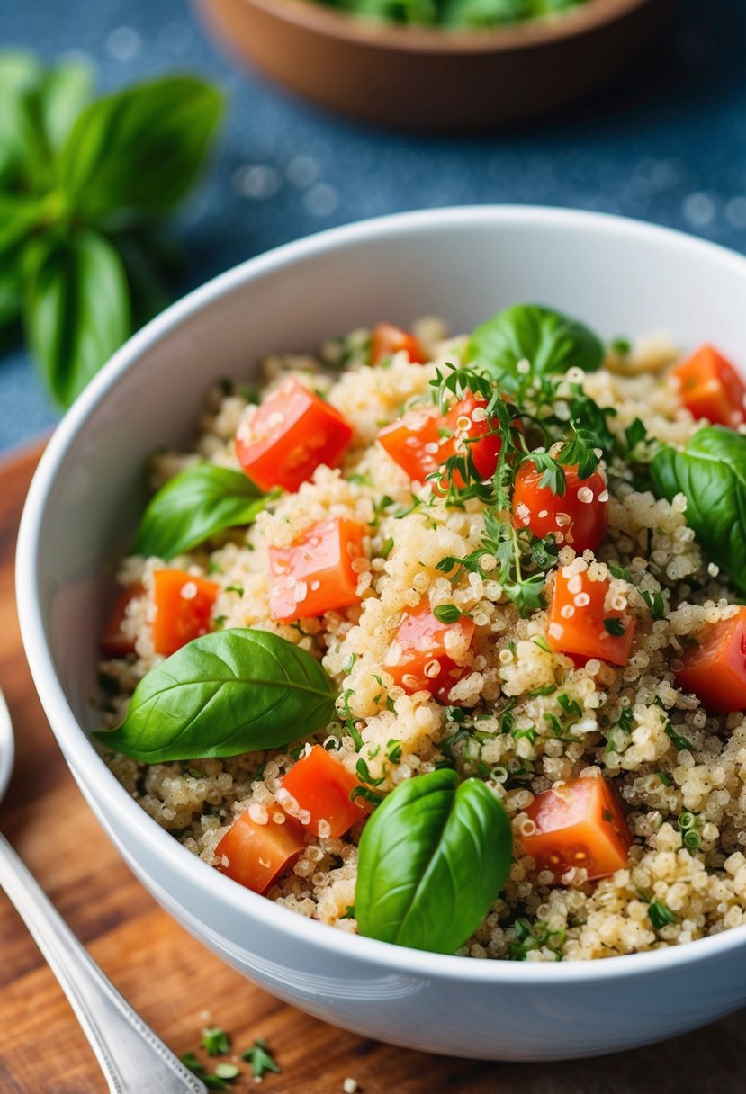 A bowl of quinoa mixed with fresh basil and diced tomatoes, with a sprinkle of herbs on top