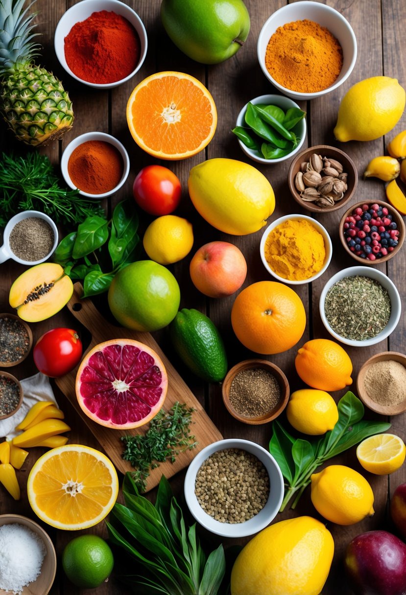 A colorful array of fresh Mauritian ingredients spread out on a wooden table, including tropical fruits, spices, and herbs