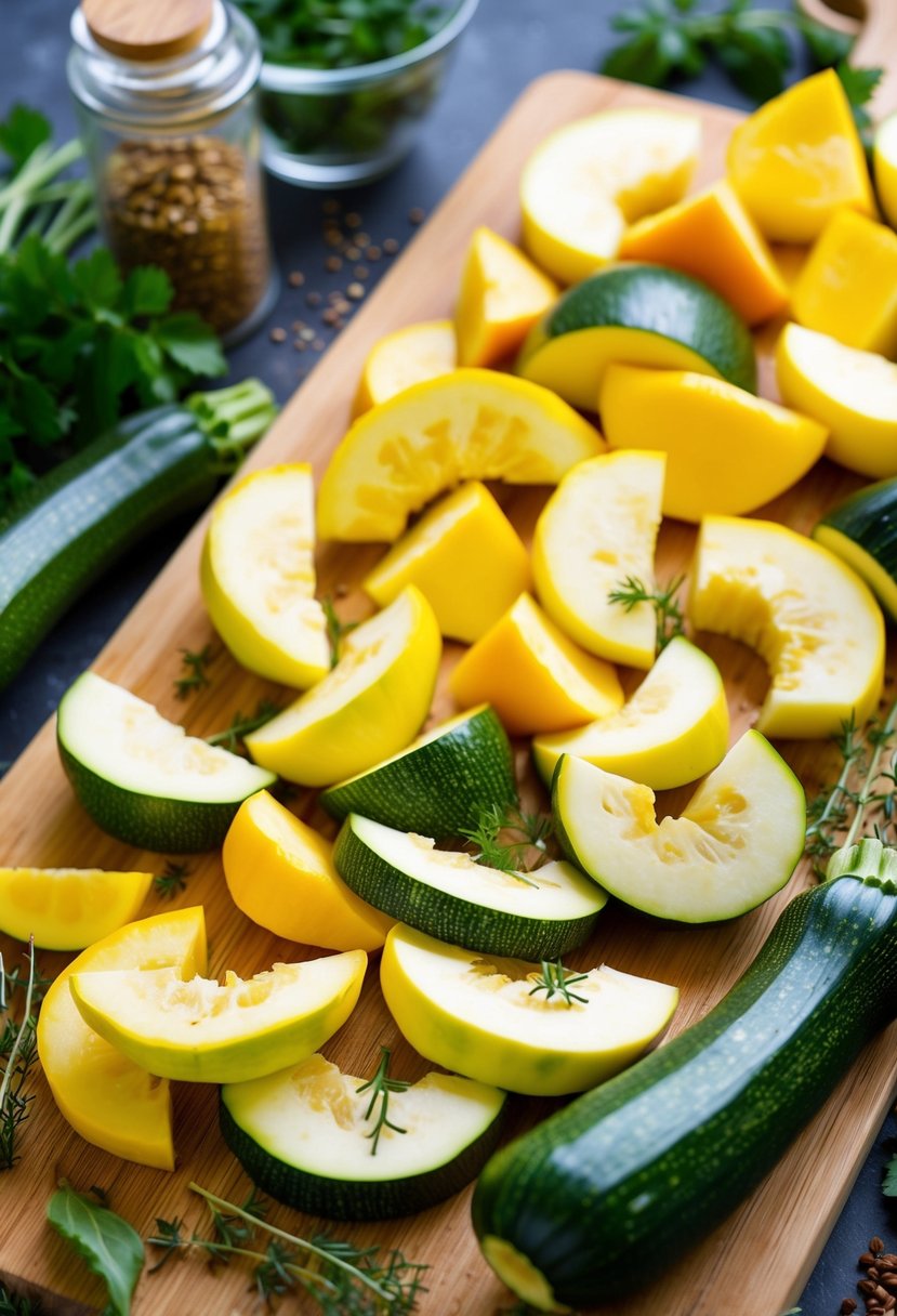 A colorful array of sliced yellow squash and zucchini arranged on a wooden cutting board, surrounded by fresh herbs and spices