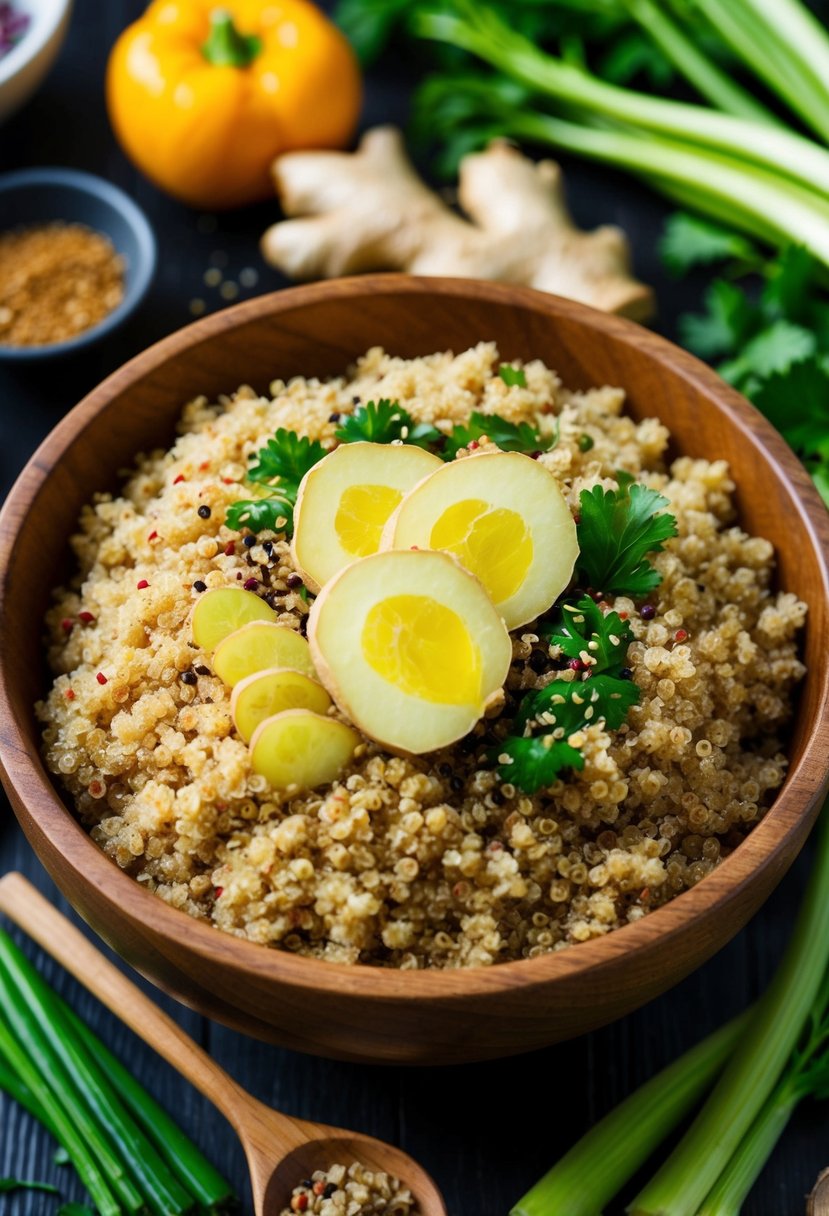 A wooden bowl filled with quinoa, topped with sliced ginger, miso paste, and various seasonings, surrounded by ingredients like vegetables and spices