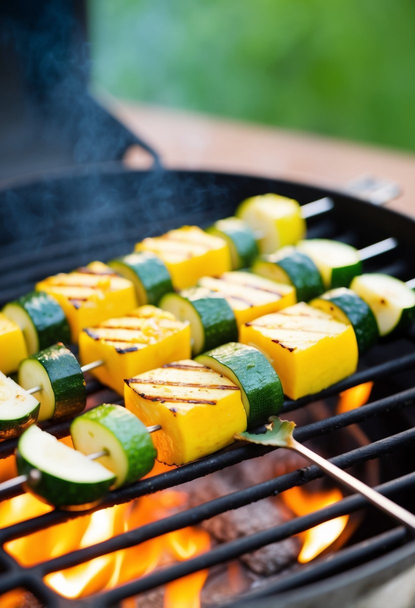 Freshly grilled yellow squash and zucchini skewers on a sizzling hot grill