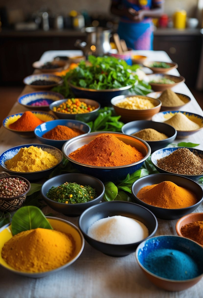 A table filled with colorful ingredients and spices, surrounded by traditional Mauritian cookware and utensils