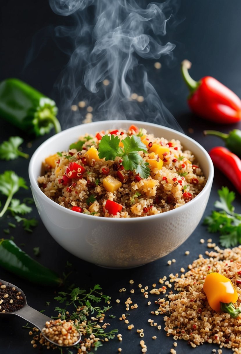 A steaming bowl of chipotle quinoa blend surrounded by scattered quinoa grains, chipotle peppers, and various herbs and spices