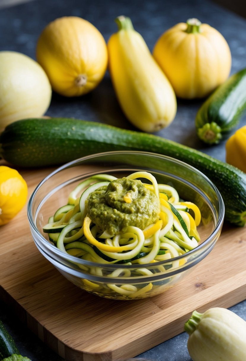 A wooden cutting board with spiralized zucchini noodles and yellow squash pesto in a glass bowl, surrounded by fresh zucchinis and yellow squash