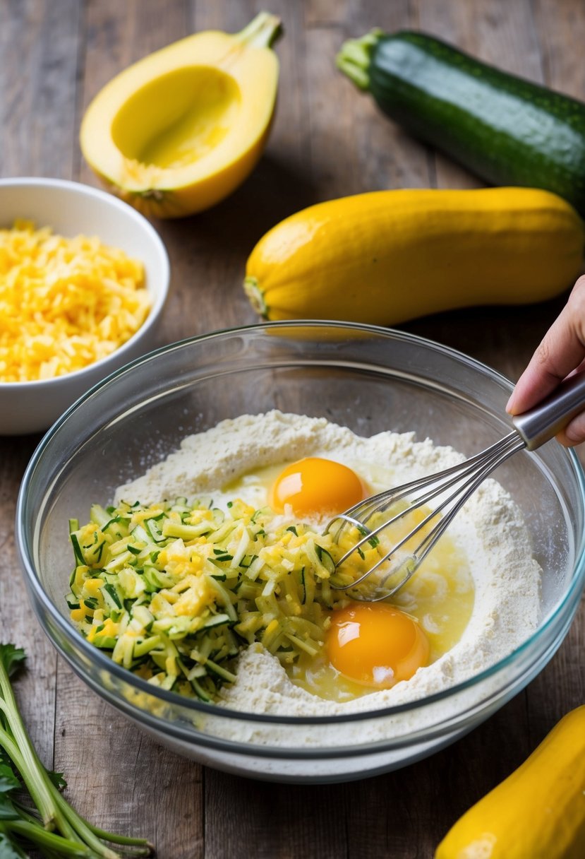 Fresh yellow squash and zucchini being grated and mixed with flour and eggs in a bowl, ready to be fried into fritters