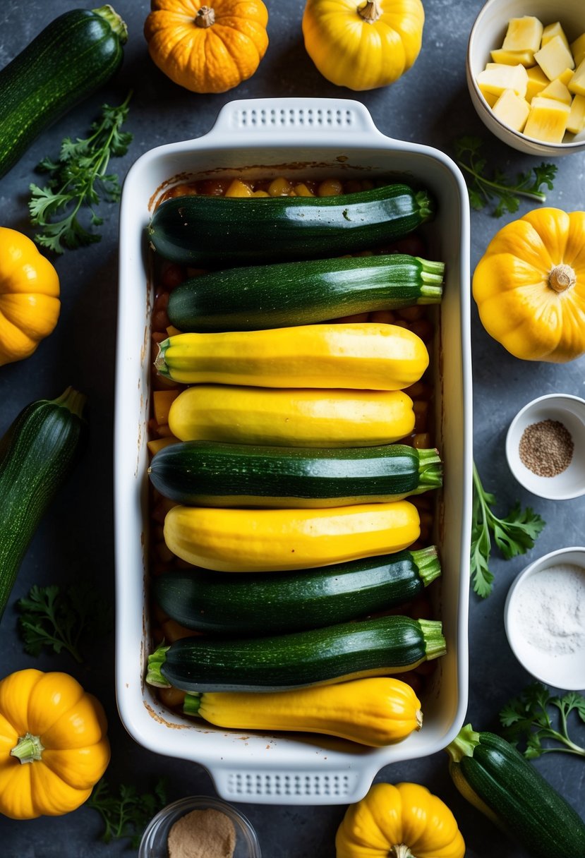 Fresh zucchini and yellow squash arranged in a baking dish, surrounded by ingredients for a gratin recipe