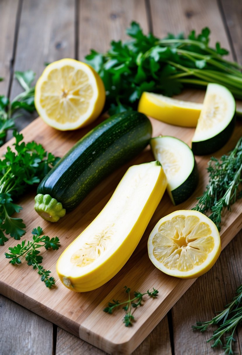 A rustic wooden cutting board with sliced yellow squash and zucchini, surrounded by fresh herbs and a halved lemon