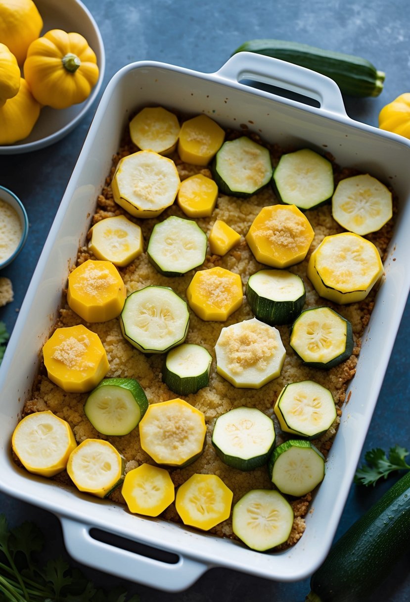 A colorful array of sliced yellow squash and zucchini arranged in a baking dish, with breadcrumbs and melted cheese on top