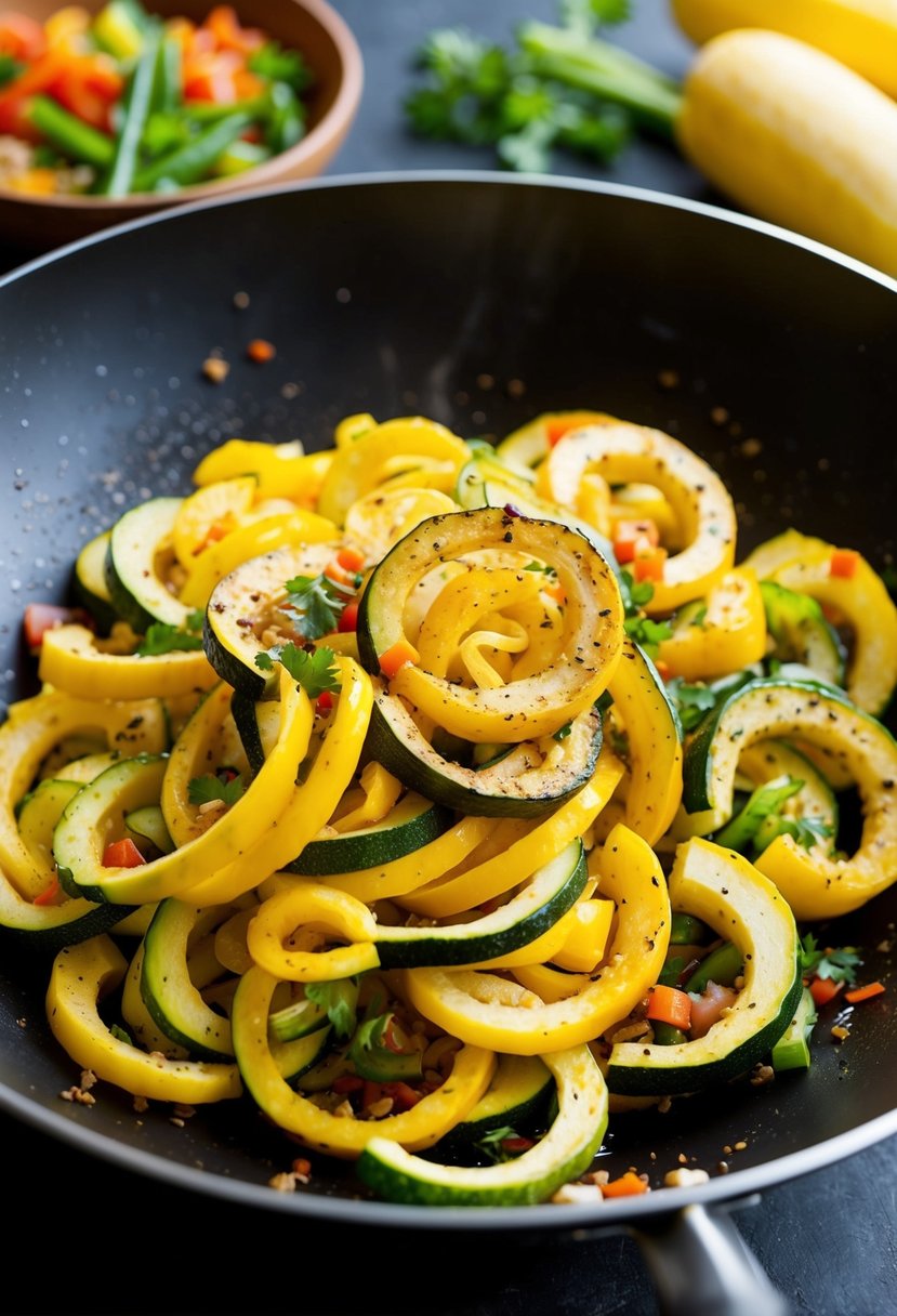 Spiralized yellow squash and zucchini sizzling in a wok with colorful vegetables and savory seasonings