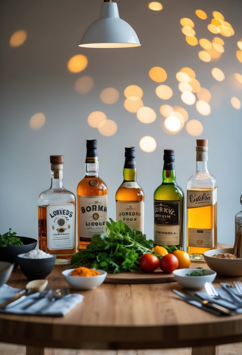 A table set with various liquor bottles, fresh ingredients, and cooking utensils for creating food recipes