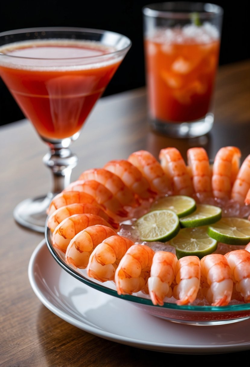 A shrimp cocktail sits on a table, with a glass of Bloody Mary next to it. The shrimp are arranged neatly around the edge of the glass