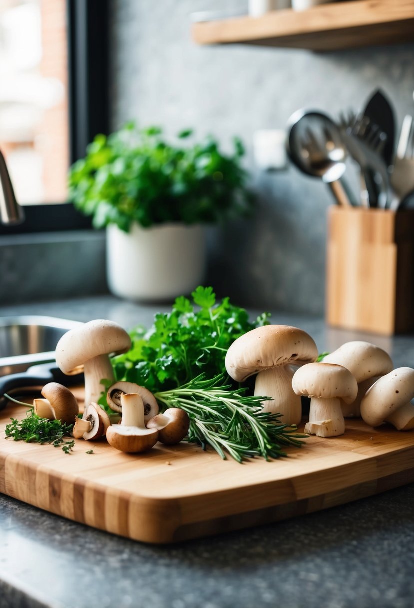 A wooden cutting board with assorted fresh mushrooms, herbs, and cooking utensils on a rustic kitchen counter