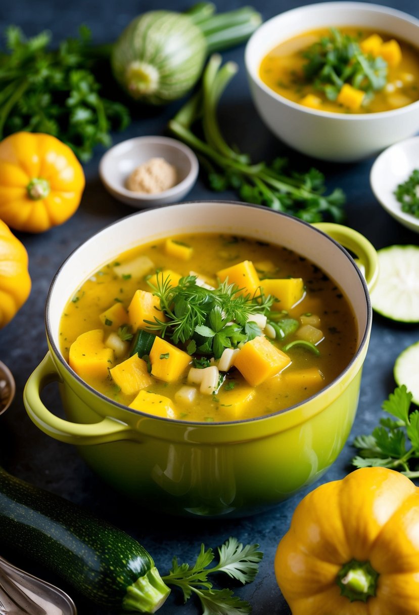 A pot of simmering yellow squash and zucchini soup surrounded by fresh vegetables and herbs