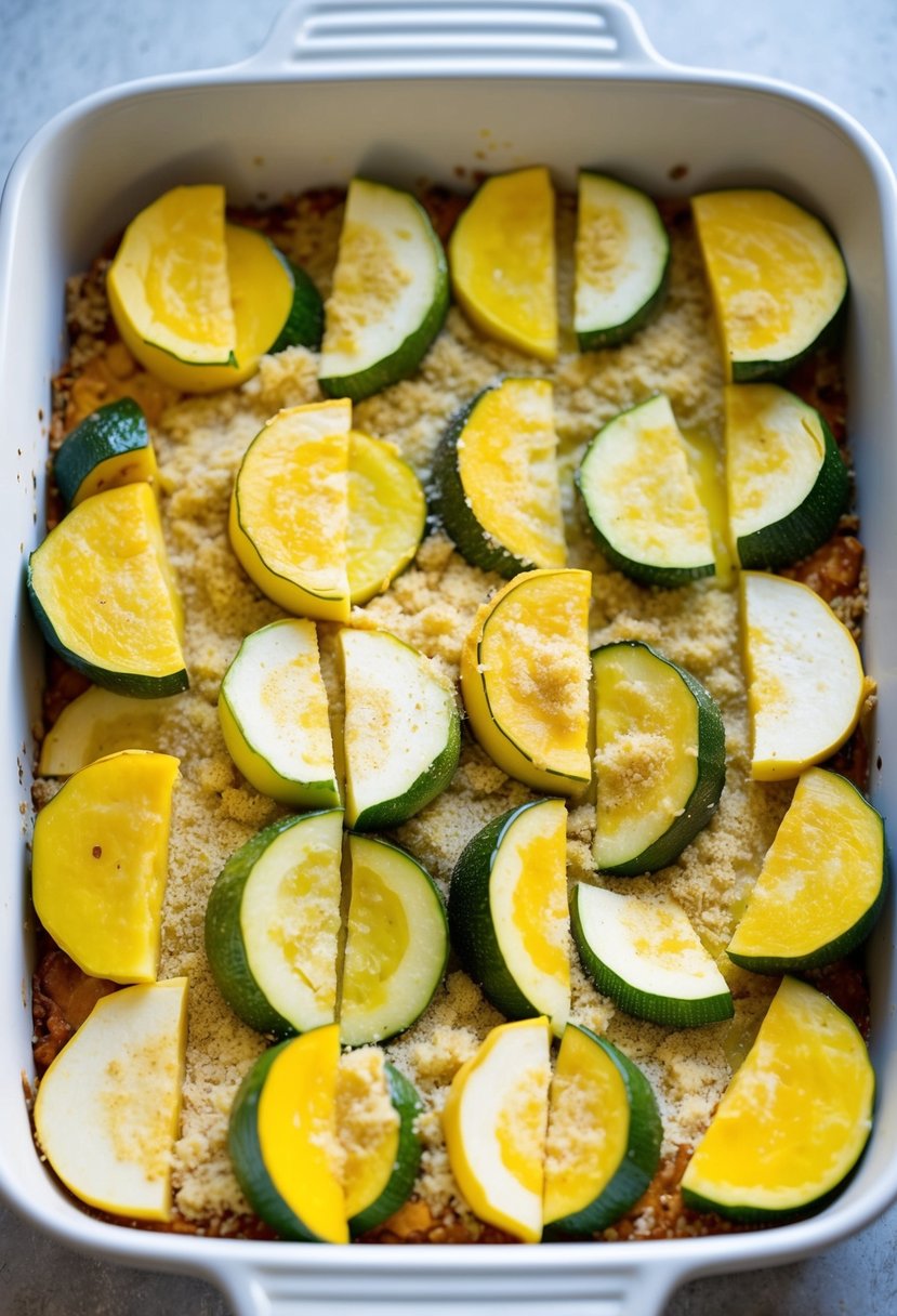 A colorful array of sliced yellow squash and zucchini arranged in a baking dish, topped with a layer of melted cheese and breadcrumbs