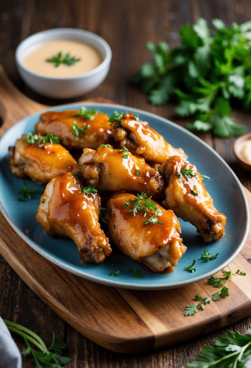 A plate of whiskey glazed chicken wings with a side of dipping sauce, garnished with fresh herbs and served on a rustic wooden board