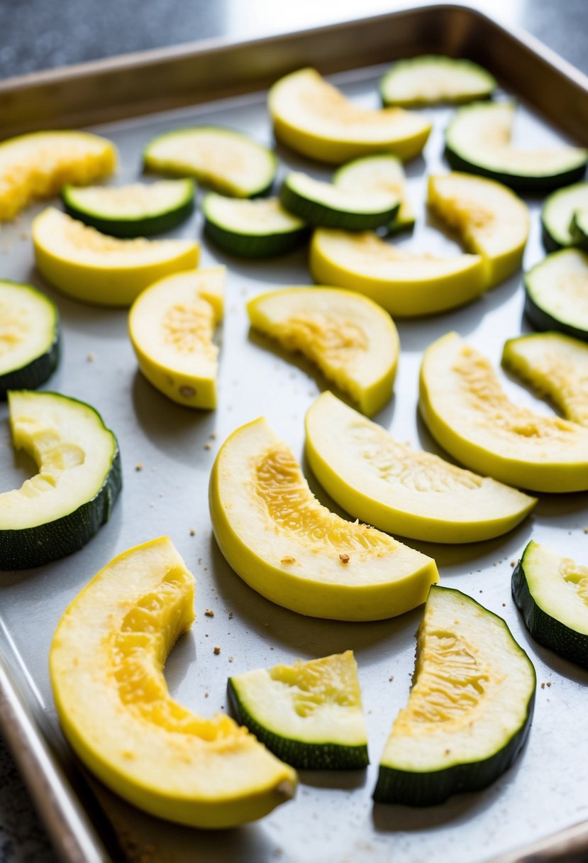 Slices of yellow squash and zucchini arranged on a baking sheet, ready to be turned into crispy chips