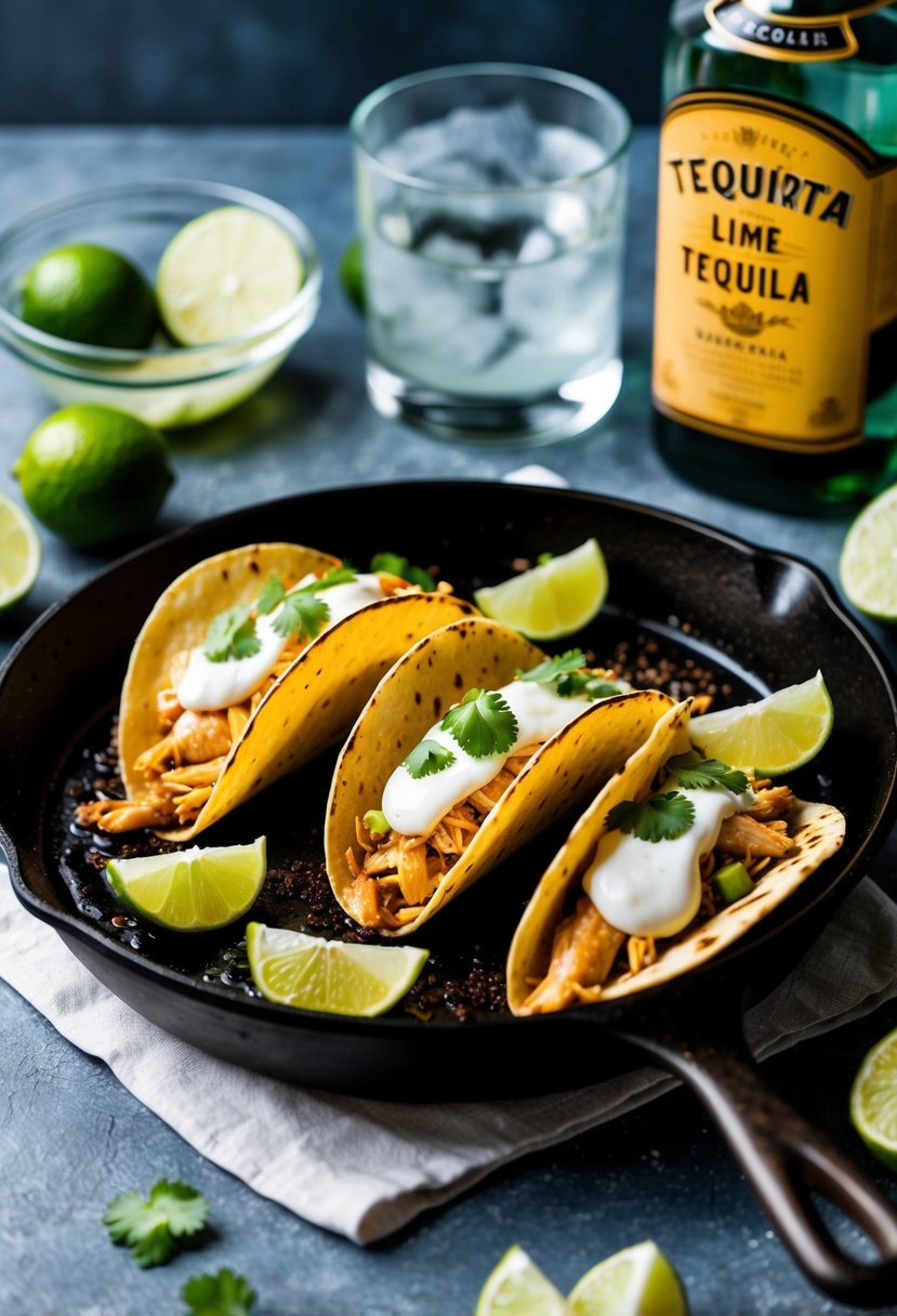 A sizzling skillet of margarita lime chicken tacos with a side of tequila and lime wedges