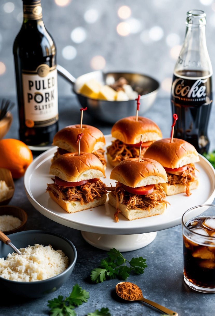 A platter of pulled pork sliders with a side of rum and coke, surrounded by ingredients and cooking utensils