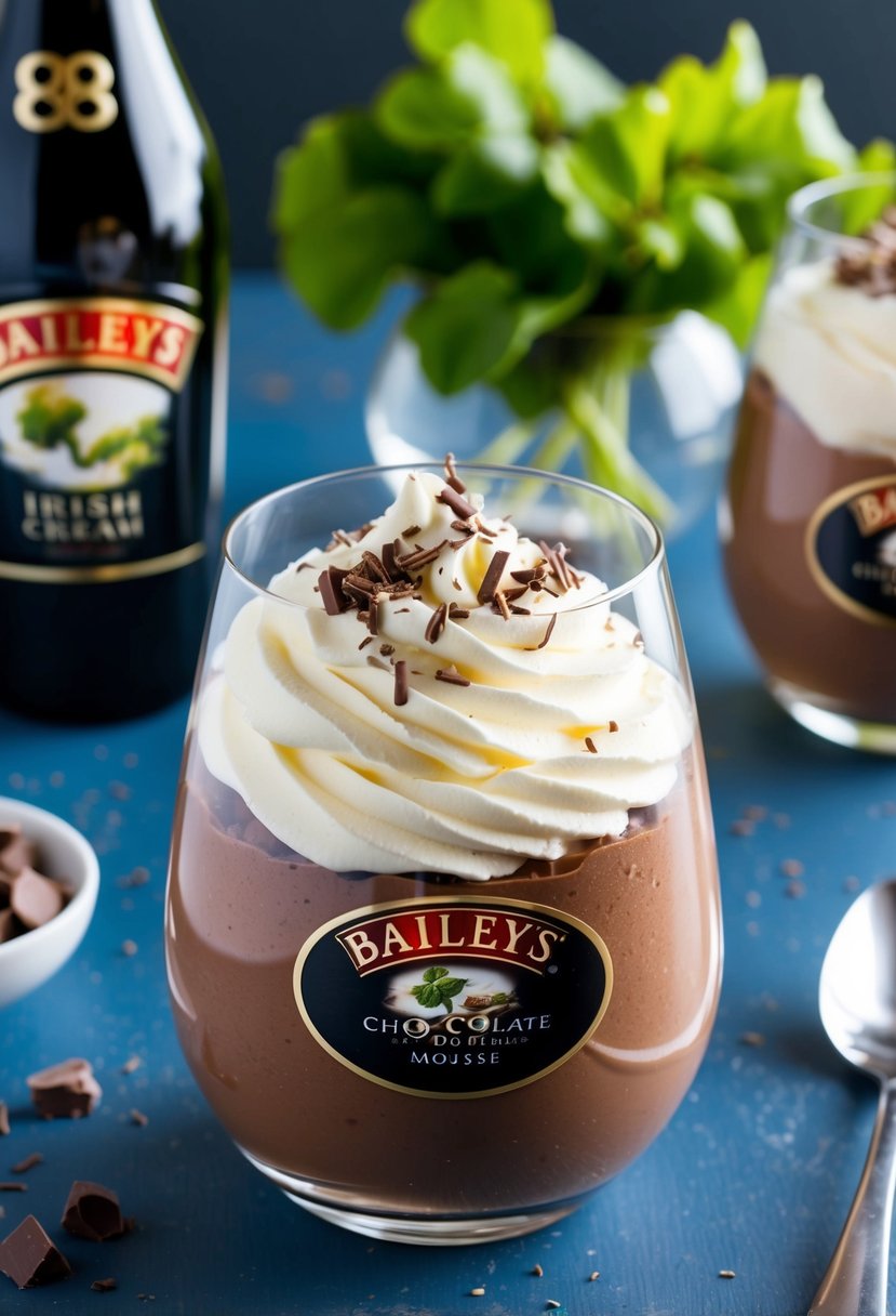 A glass filled with rich, creamy chocolate mousse infused with Baileys Irish Cream, topped with a dollop of whipped cream and a sprinkle of chocolate shavings