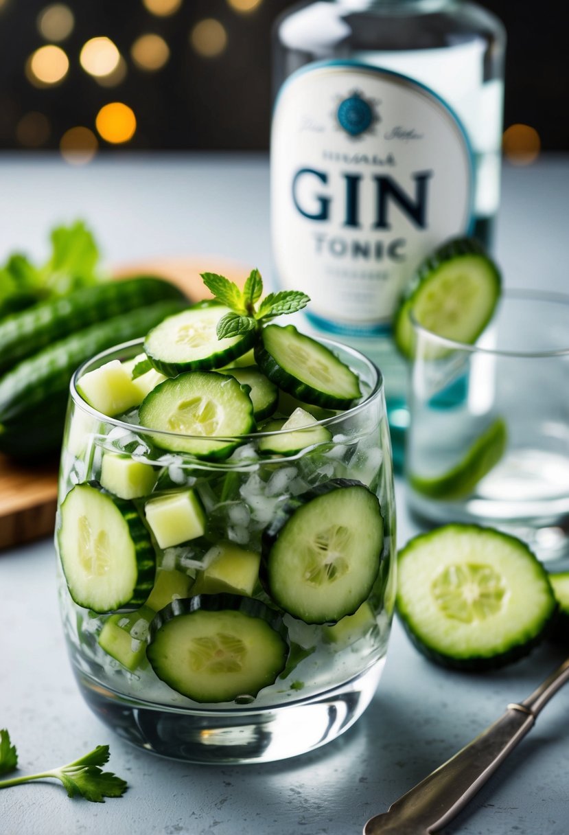 A refreshing cucumber salad sits next to a glass of gin and tonic, with a bottle of gin and a sliced cucumber in the background