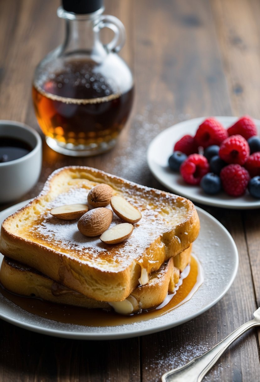 Golden French toast soaking in amaretto, topped with powdered sugar and sliced almonds, served with a side of maple syrup and fresh berries