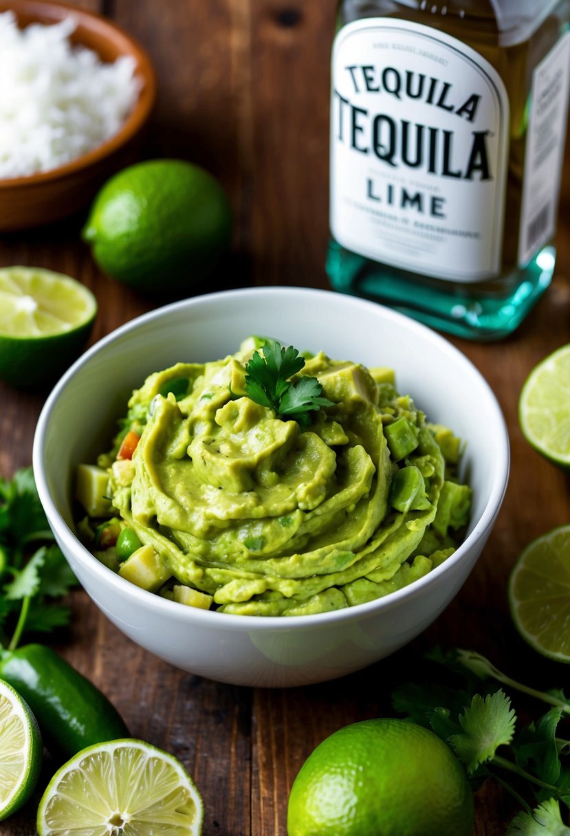 A bowl of tequila lime guacamole surrounded by fresh ingredients and a bottle of tequila