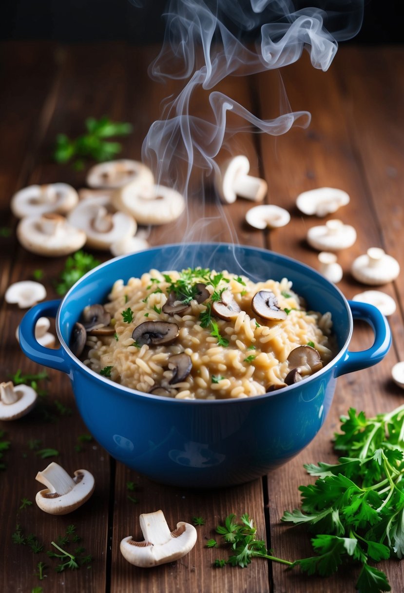 A steaming pot of creamy mushroom risotto on a wooden table with scattered flat mushrooms and fresh herbs