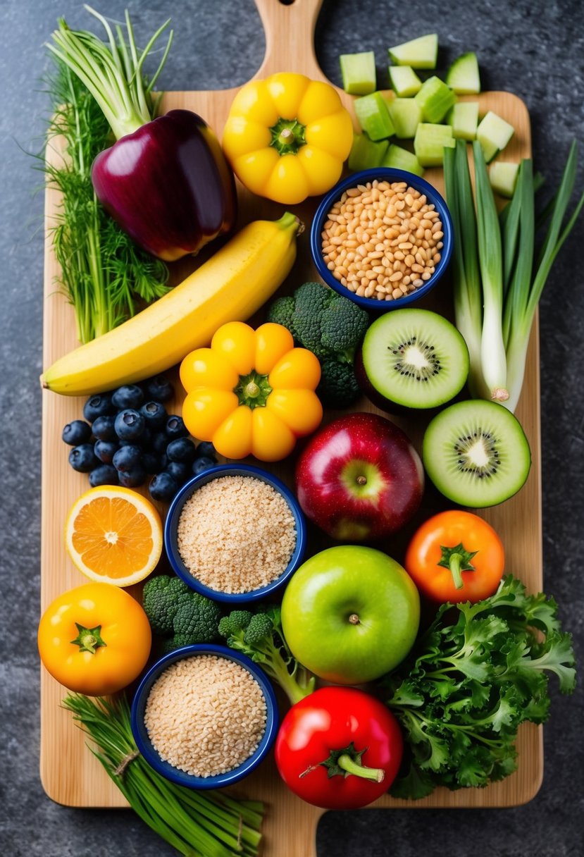 A colorful array of fresh fruits and vegetables, whole grains, and lean proteins arranged on a wooden cutting board