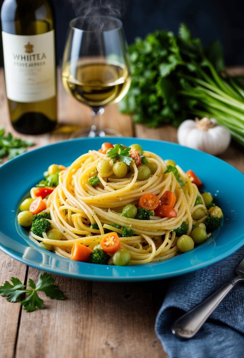 A steaming plate of white wine pasta primavera surrounded by fresh vegetables and a bottle of white wine