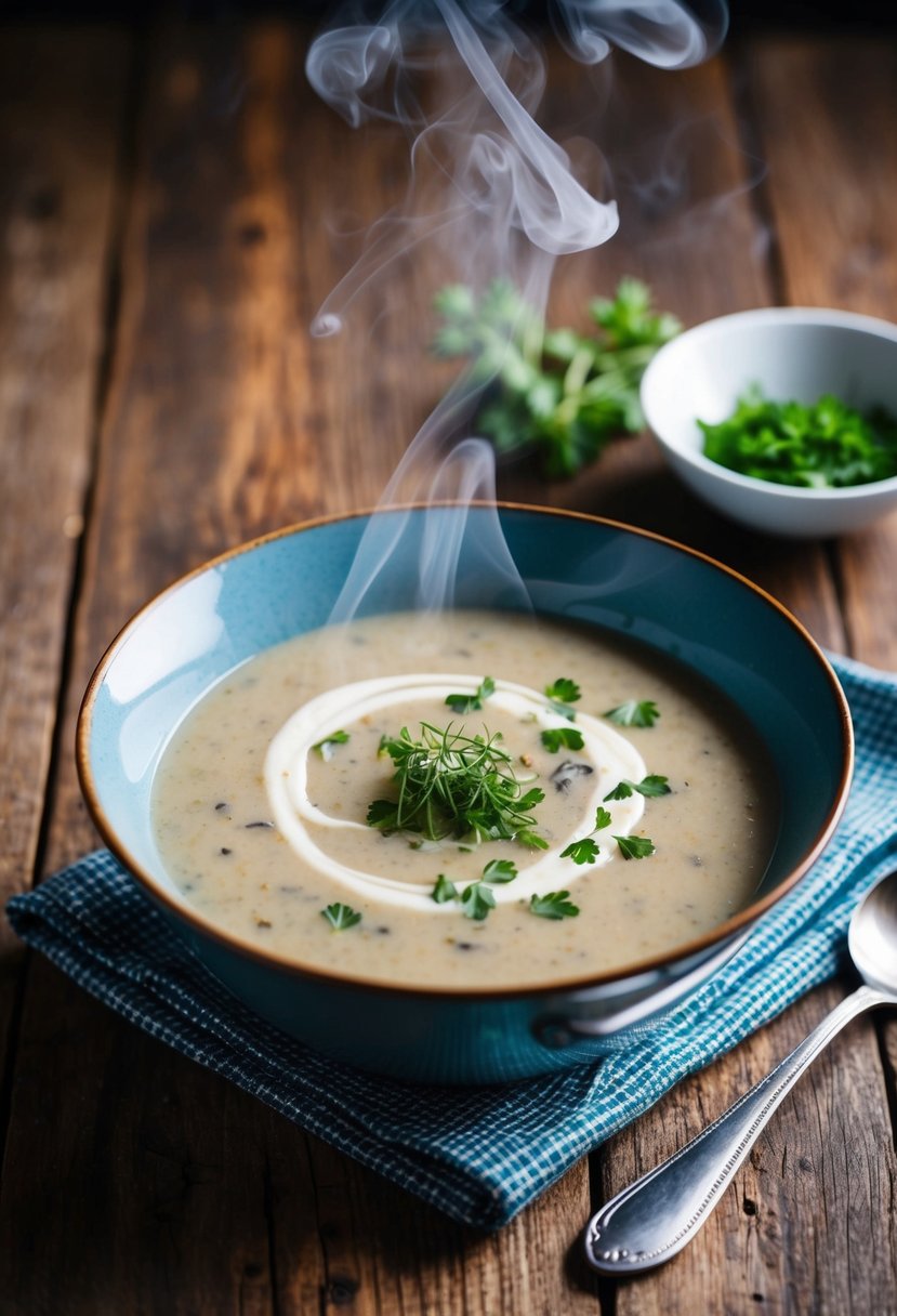 A steaming bowl of creamy flat mushroom soup sits on a rustic wooden table, garnished with a sprinkle of fresh herbs and a swirl of cream