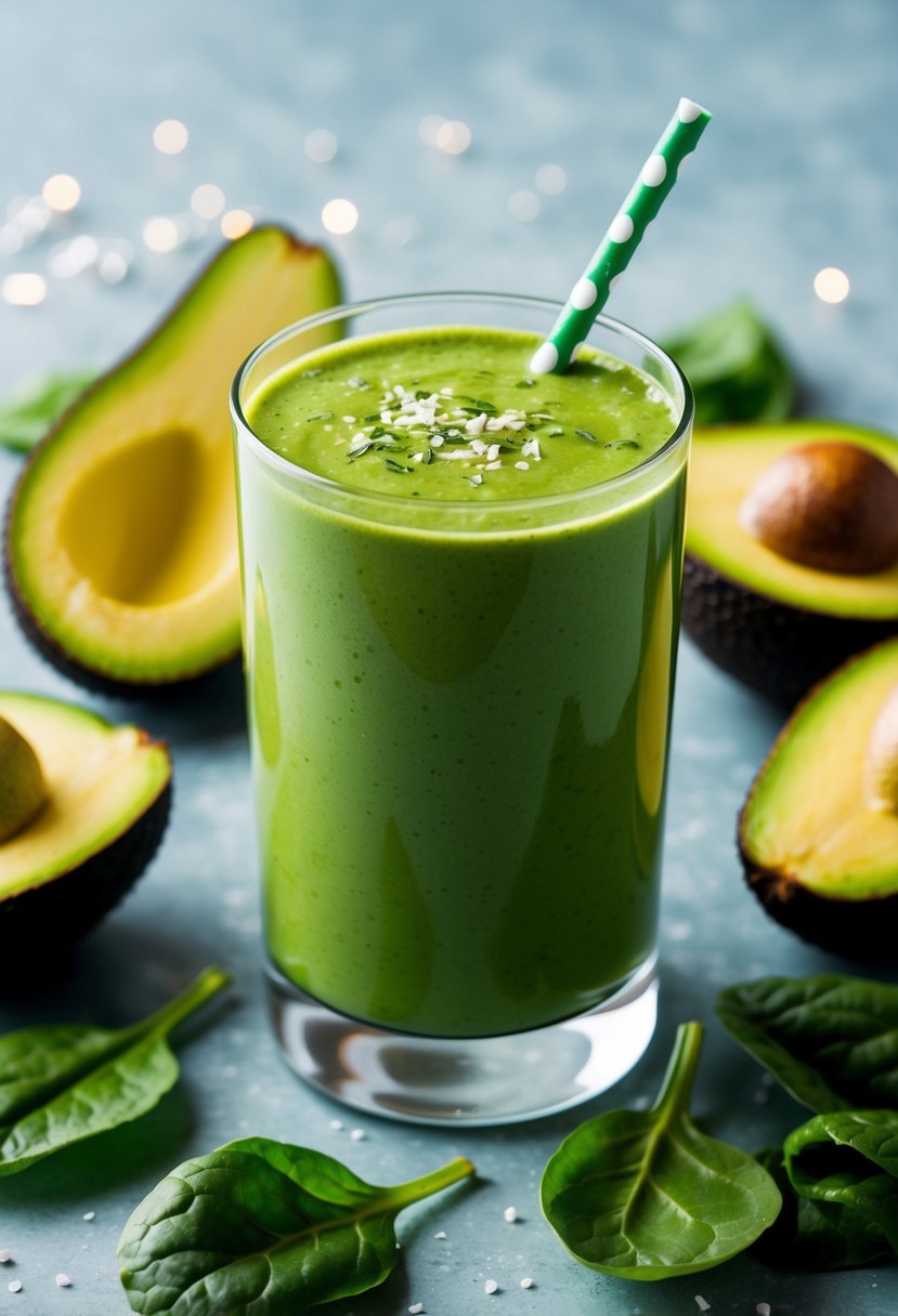 A glass filled with a vibrant green avocado spinach smoothie, surrounded by fresh ingredients like avocados and spinach leaves