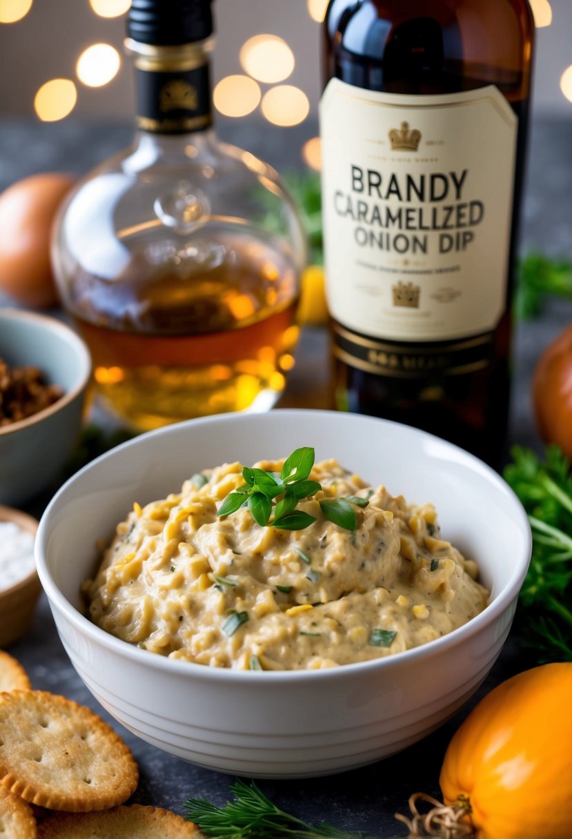 A bowl of brandy caramelized onion dip surrounded by various ingredients and a bottle of brandy