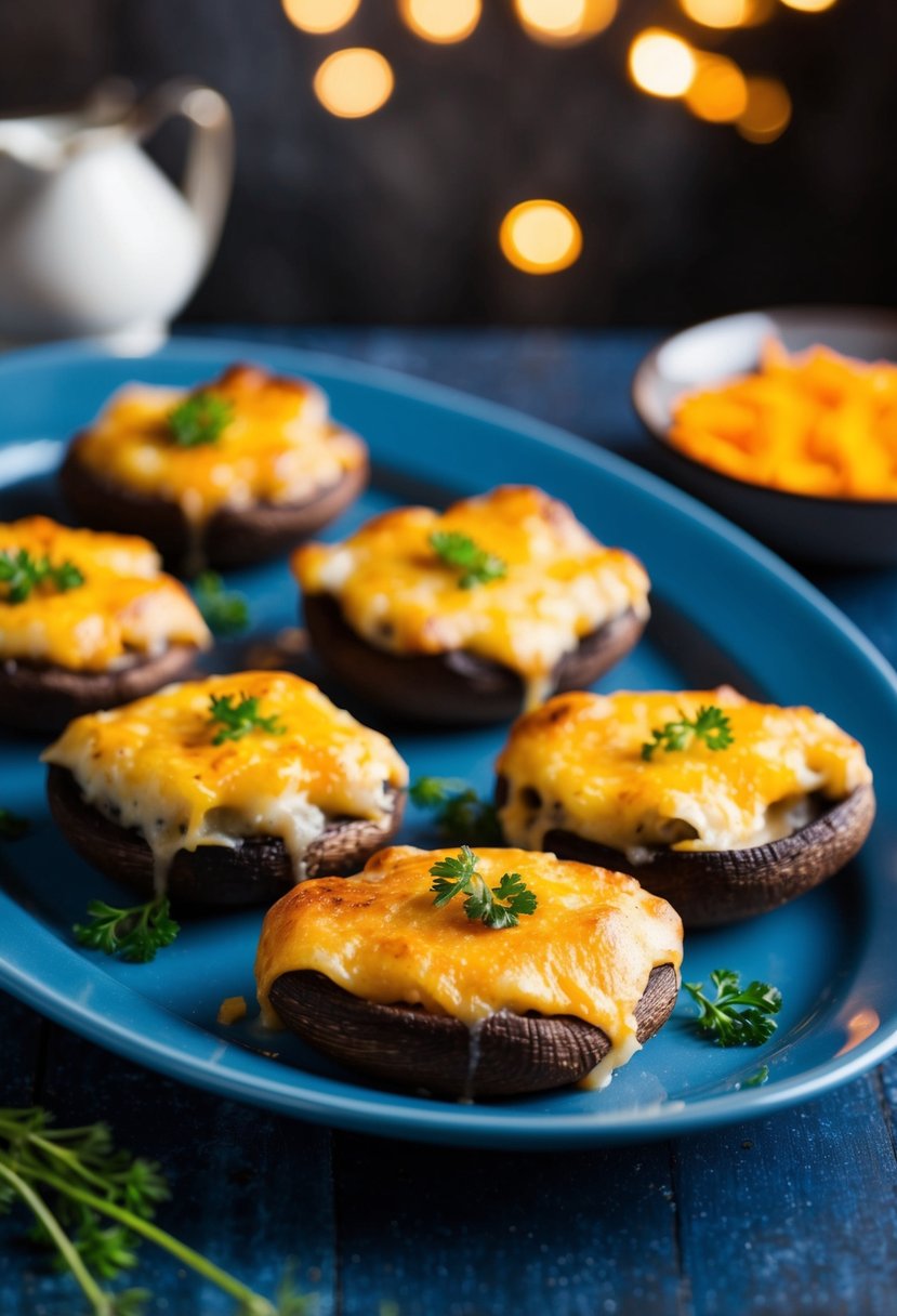 A platter of baked flat mushrooms topped with melted cheese