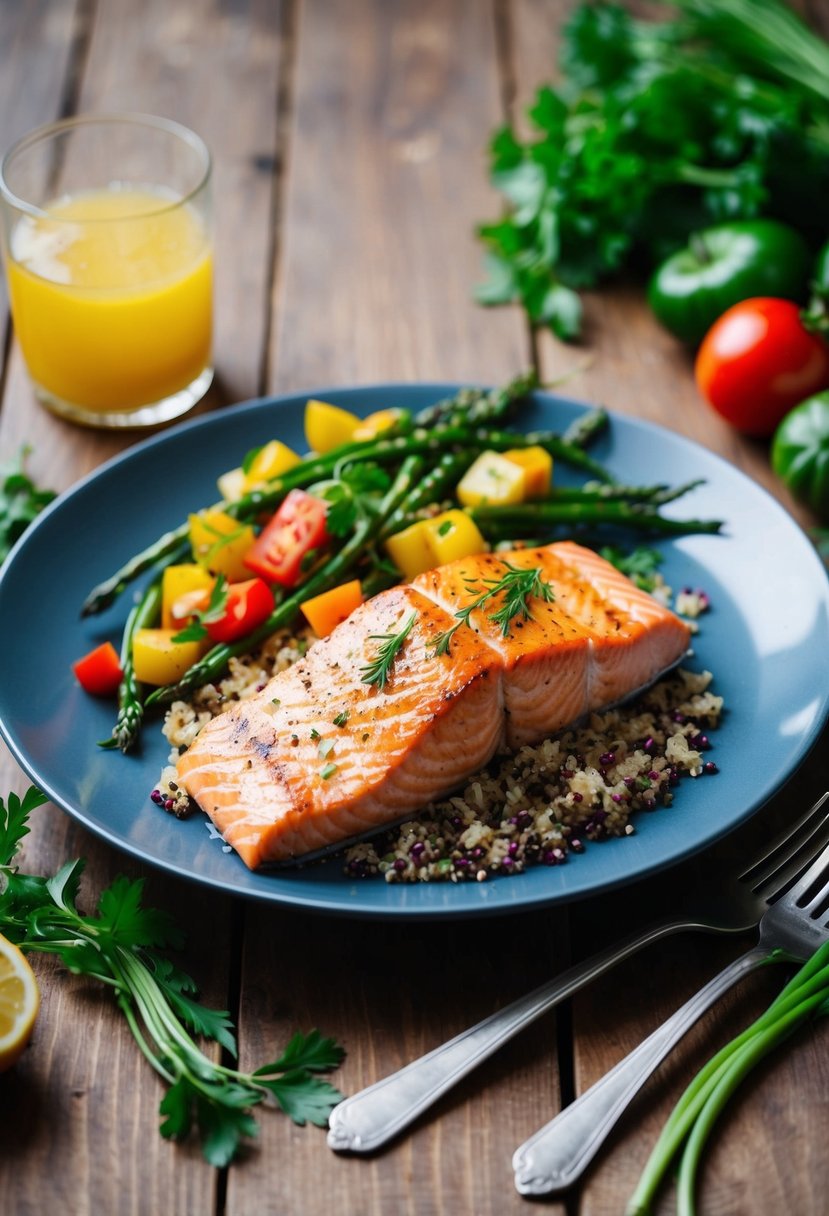 A plate of grilled salmon and quinoa, surrounded by colorful vegetables and herbs, on a wooden table